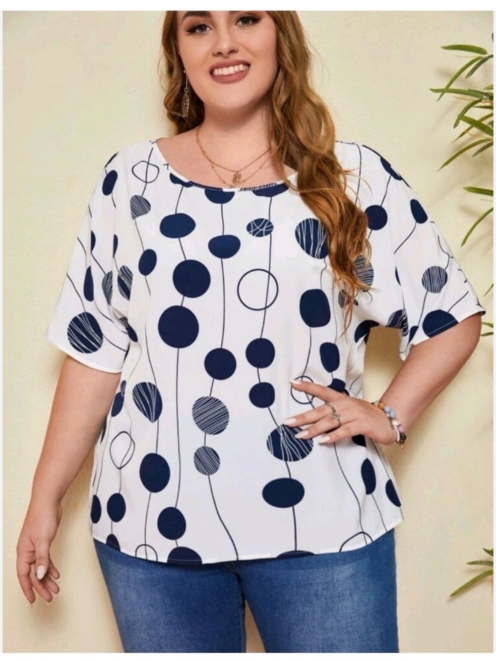 Emery Rose Plus Size White /Black Geometric Batwing,  Bohemian top